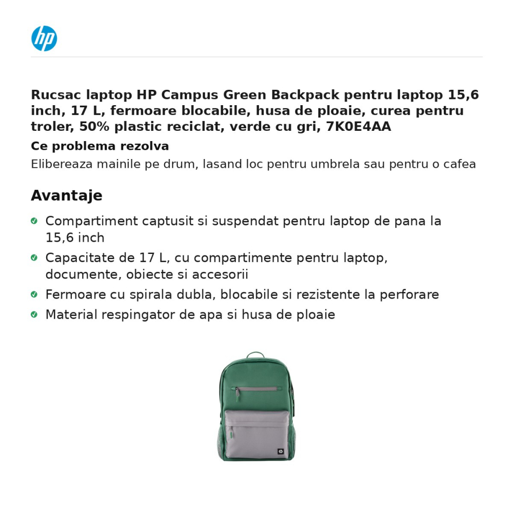 Rucsac laptop HP Campus Green Backpack pentru laptop 15,6 inch, 17 L, fermoare blocabile, husa de ploaie, curea pentru troler, 50% plastic reciclat, verde cu gri, 7K0E4AA [2]