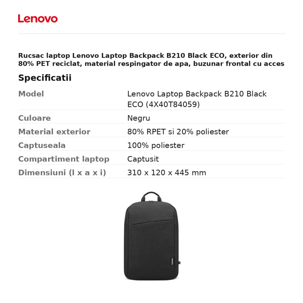 Rucsac laptop Lenovo Laptop Backpack B210 Black ECO, exterior din 80% PET reciclat, material respingator de apa, buzunar frontal cu acces rapid, negru, 4X40T84059 [3]