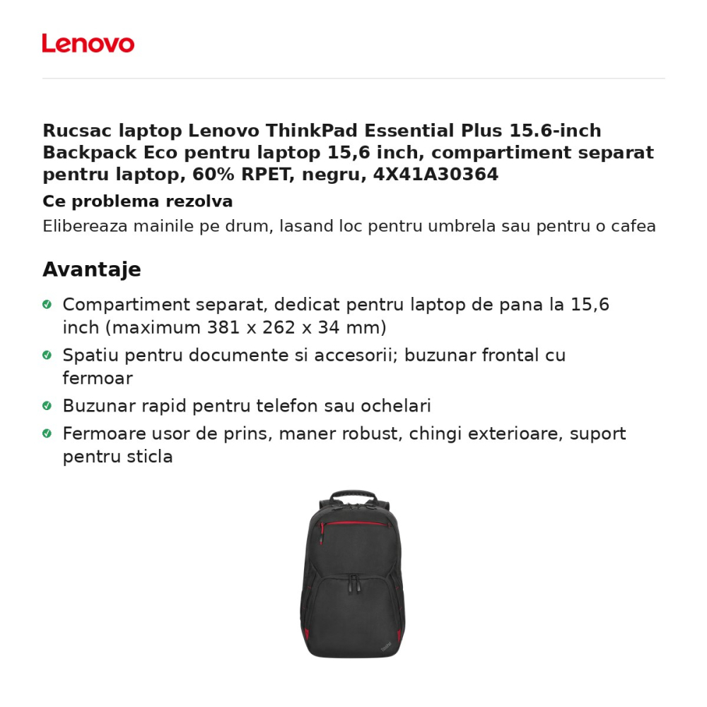 Rucsac laptop Lenovo ThinkPad Essential Plus 15.6-inch Backpack Eco pentru laptop 15,6 inch, compartiment separat pentru laptop, 60% RPET, negru, 4X41A30364 [2]