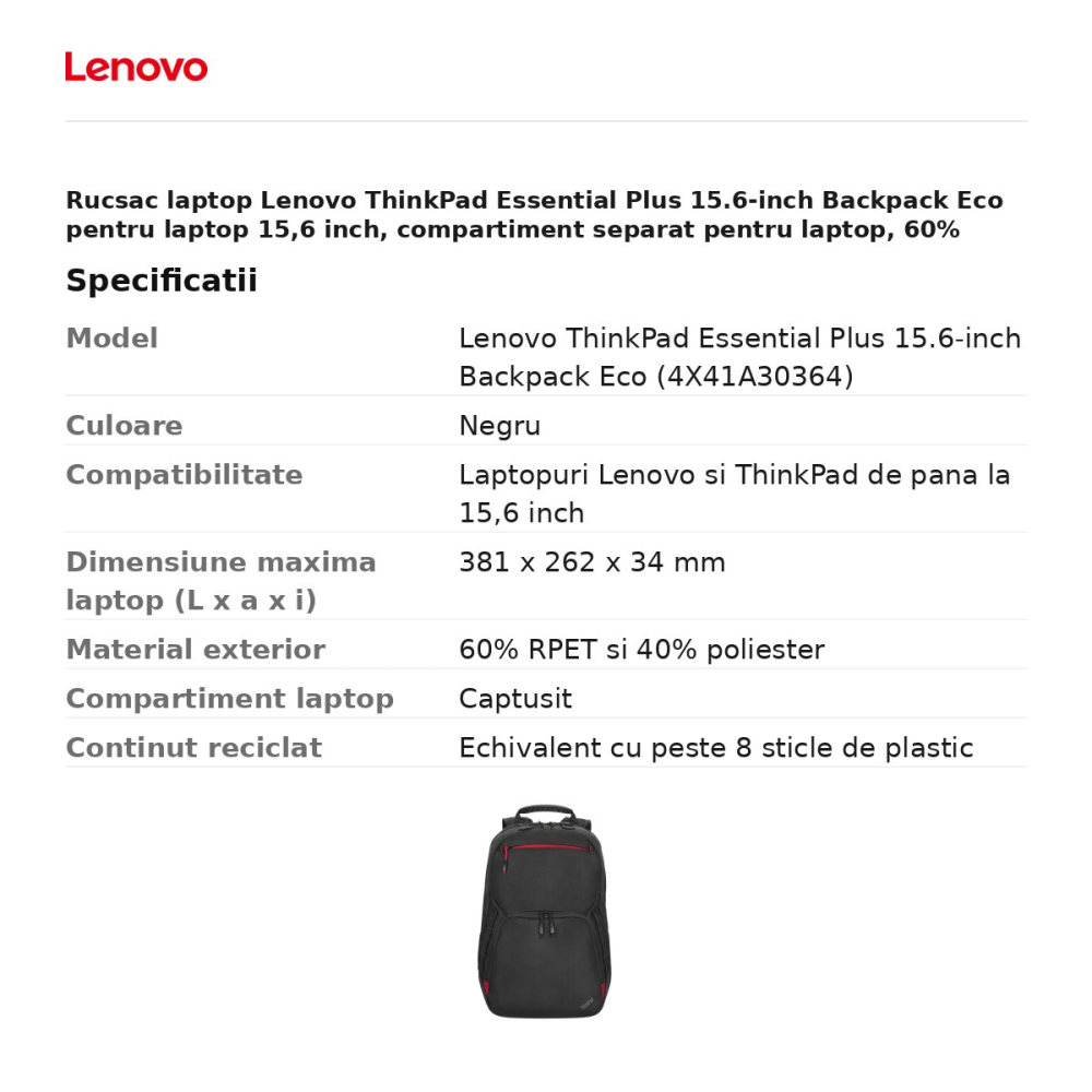 Rucsac laptop Lenovo ThinkPad Essential Plus 15.6-inch Backpack Eco pentru laptop 15,6 inch, compartiment separat pentru laptop, 60% RPET, negru, 4X41A30364 [3]