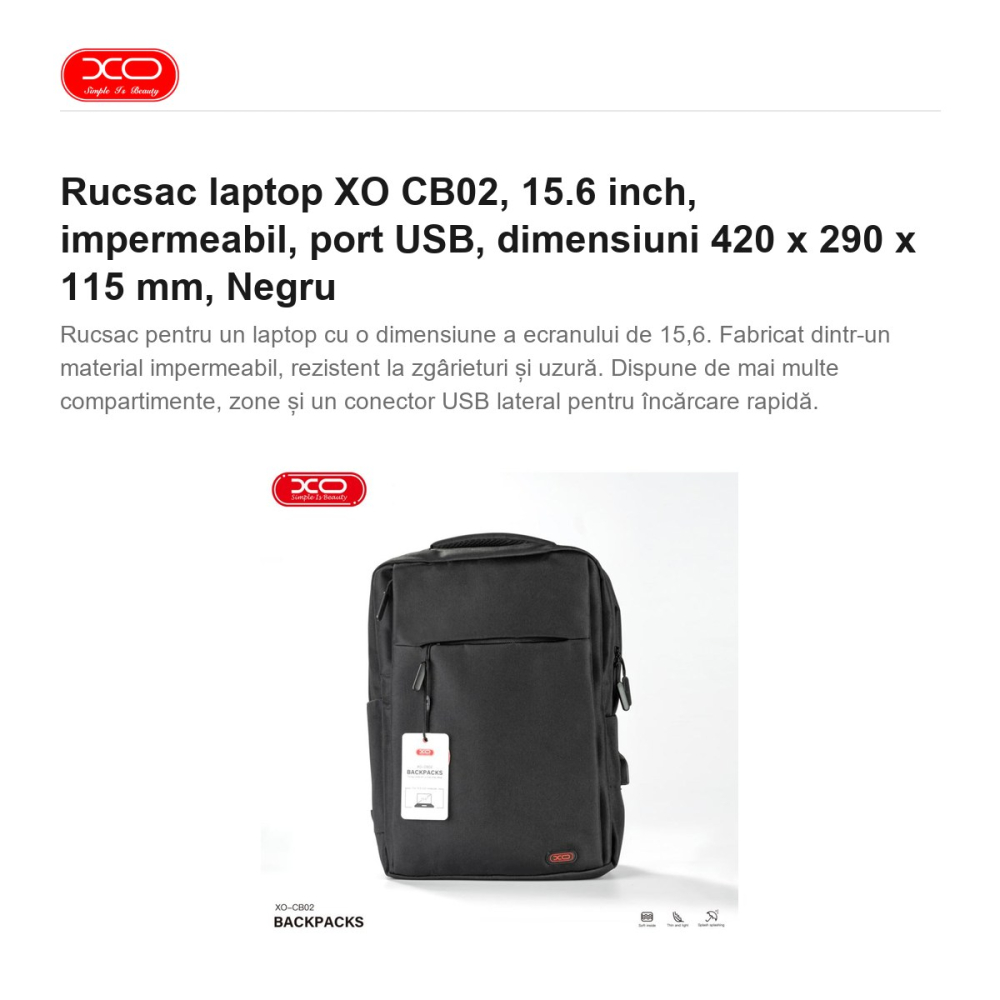 Rucsac laptop XO CB02, 15.6 inch, impermeabil, port USB, dimensiuni 420 x 290 x 115 mm, Negru [2]