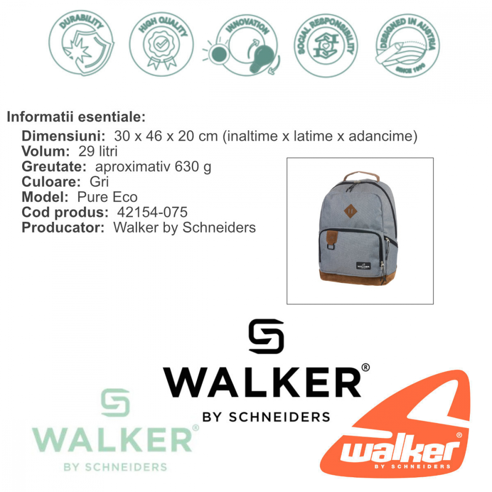 Rucsac lifestyle Pure Eco, produs Walker by Schneiders, 30 x 46 x 20 cm, gri [3]