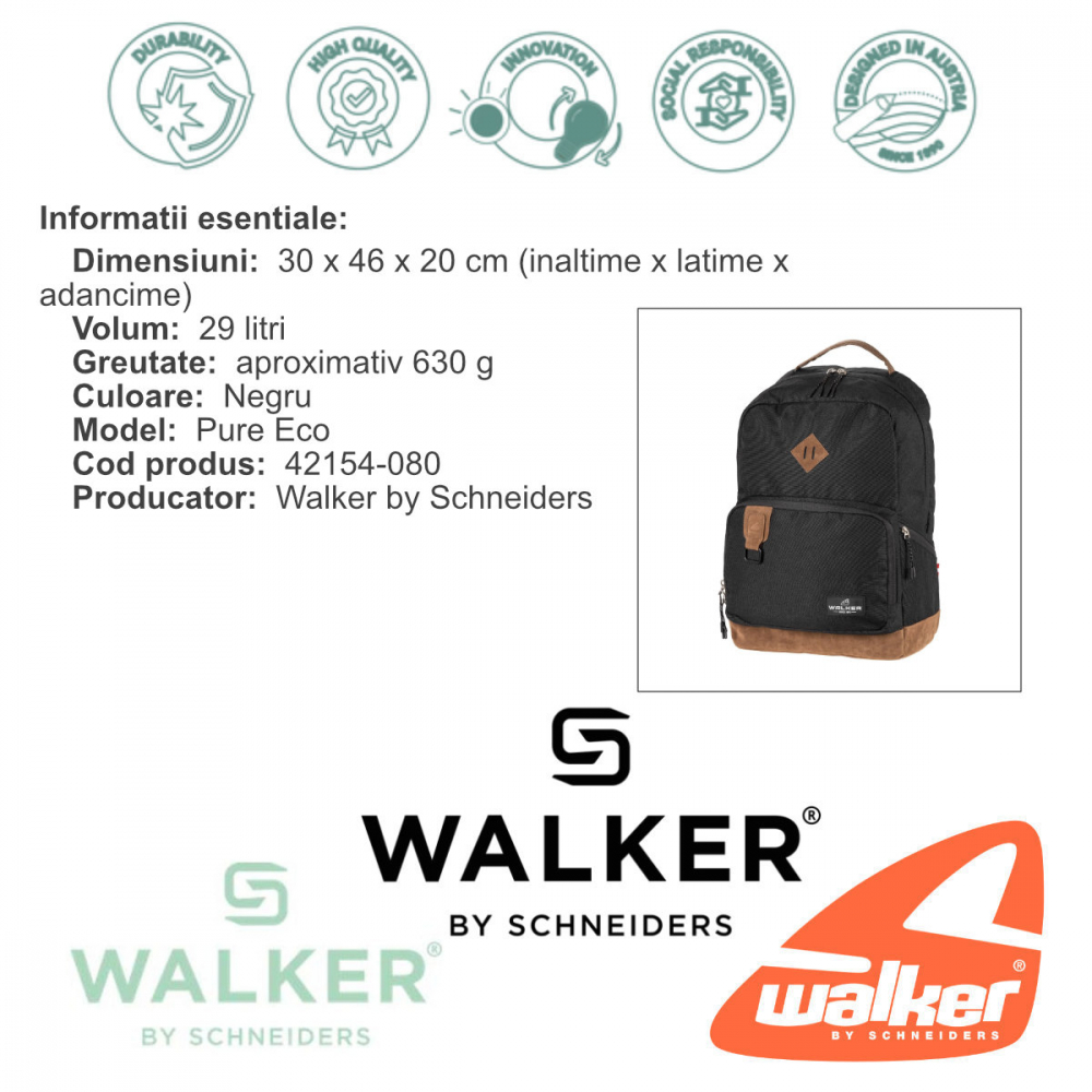 Rucsac lifestyle Pure Eco, produs Walker by Schneiders, 30 x 46 x 20 cm, negru [3]