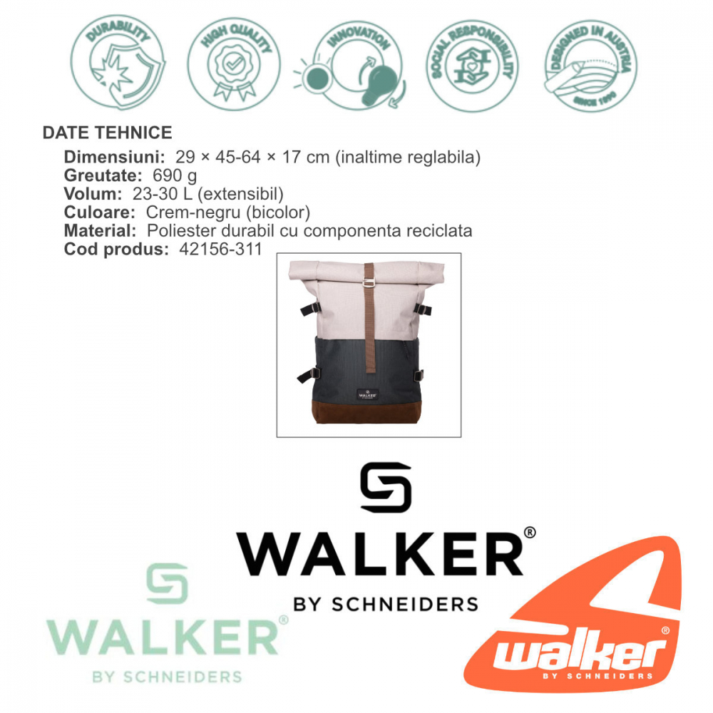 Rucsac lifestyle Roll Up Two, produs Walker by Schneiders, 29x45-64x17 cm, crem-negru [6]