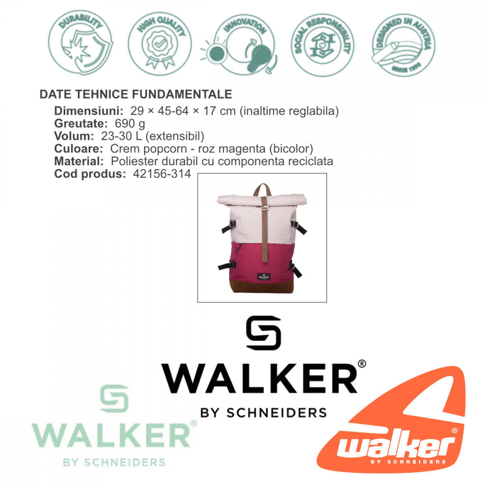 Rucsac lifestyle Roll Up Two, produs Walker by Schneiders, 29x45-64x17 cm, crem popcorn-roz magenta [5]