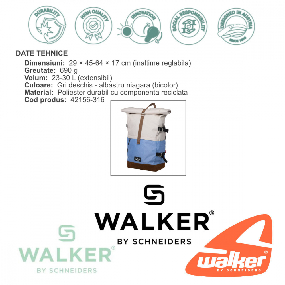 Rucsac lifestyle Roll Up Two, produs Walker by Schneiders, 29x45-64x17 cm, gri deschis-albastru niagara [4]