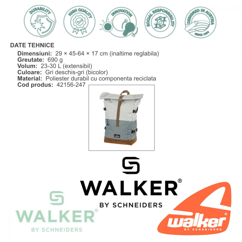 Rucsac lifestyle Roll Up Two, produs Walker by Schneiders, 29x45-64x17 cm, gri deschis-gri [3]