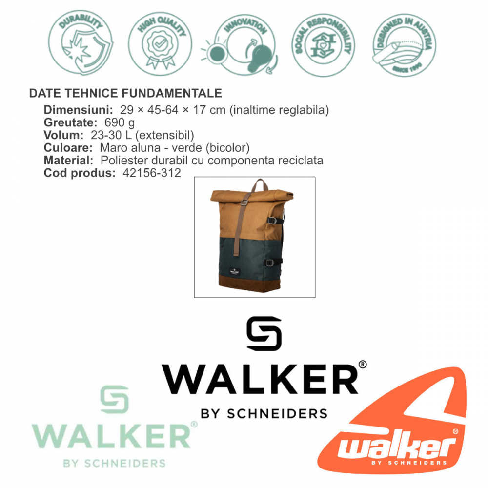 Rucsac lifestyle Roll Up Two, produs Walker by Schneiders, 29x45-64x17 cm, maro aluna - verde [4]