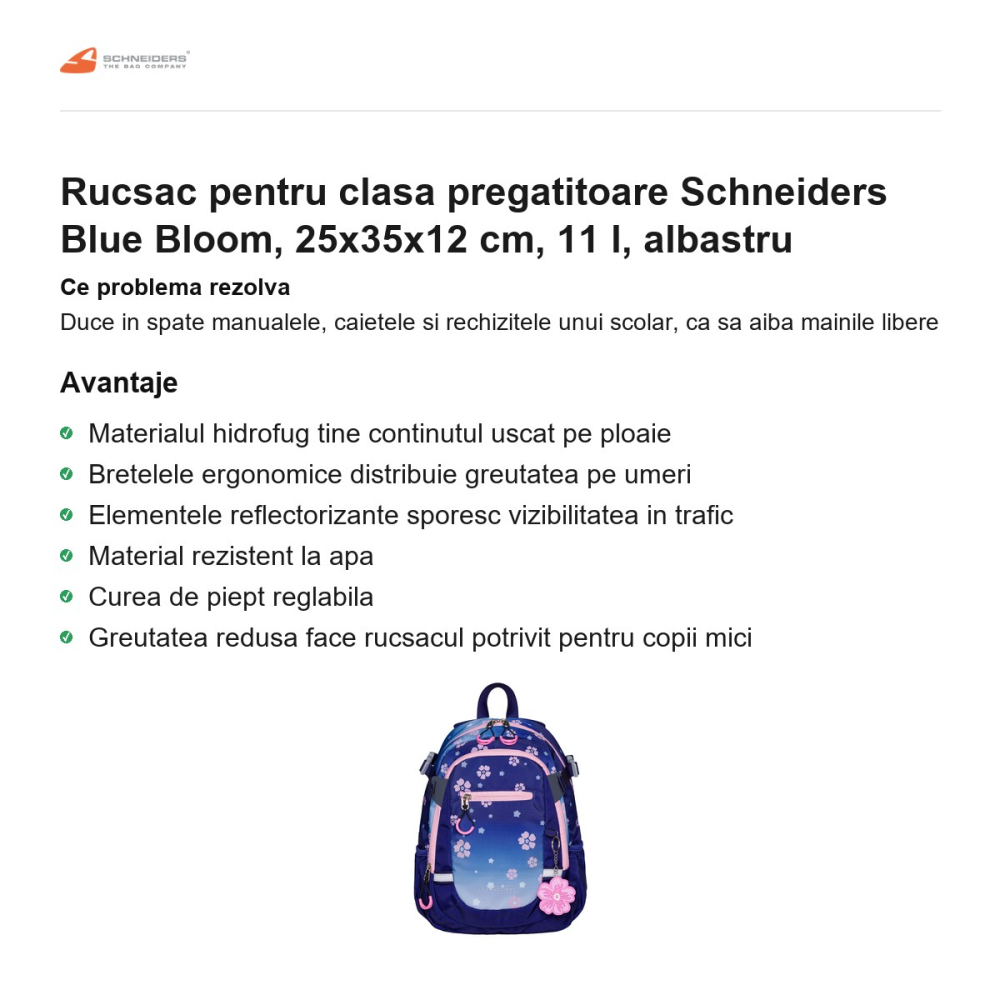 Rucsac pentru clasa pregatitoare Schneiders Blue Bloom, 25x35x12 cm, 11 l, albastru [2]