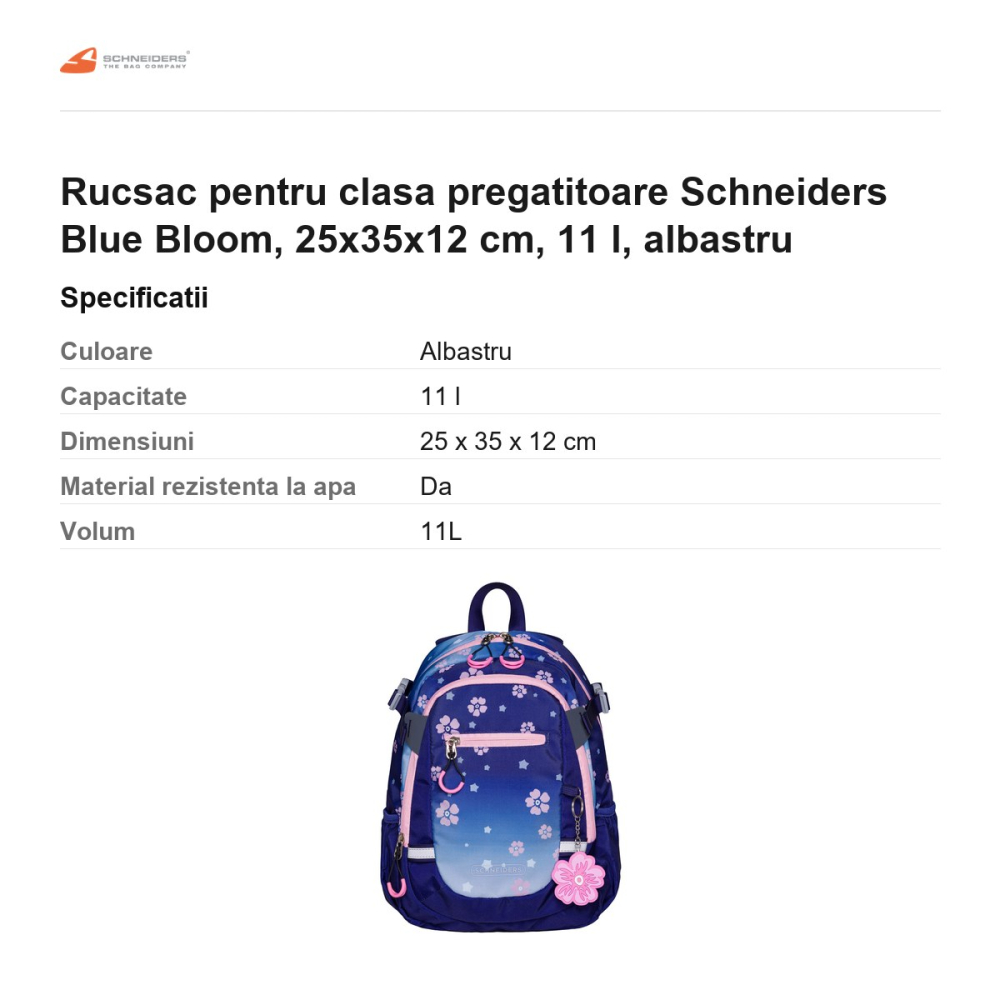 Rucsac pentru clasa pregatitoare Schneiders Blue Bloom, 25x35x12 cm, 11 l, albastru [3]