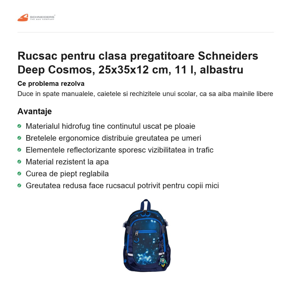 Rucsac pentru clasa pregatitoare Schneiders Deep Cosmos, 25x35x12 cm, 11 l, albastru [2]