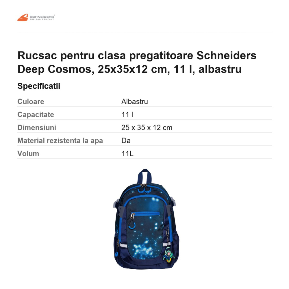 Rucsac pentru clasa pregatitoare Schneiders Deep Cosmos, 25x35x12 cm, 11 l, albastru [3]
