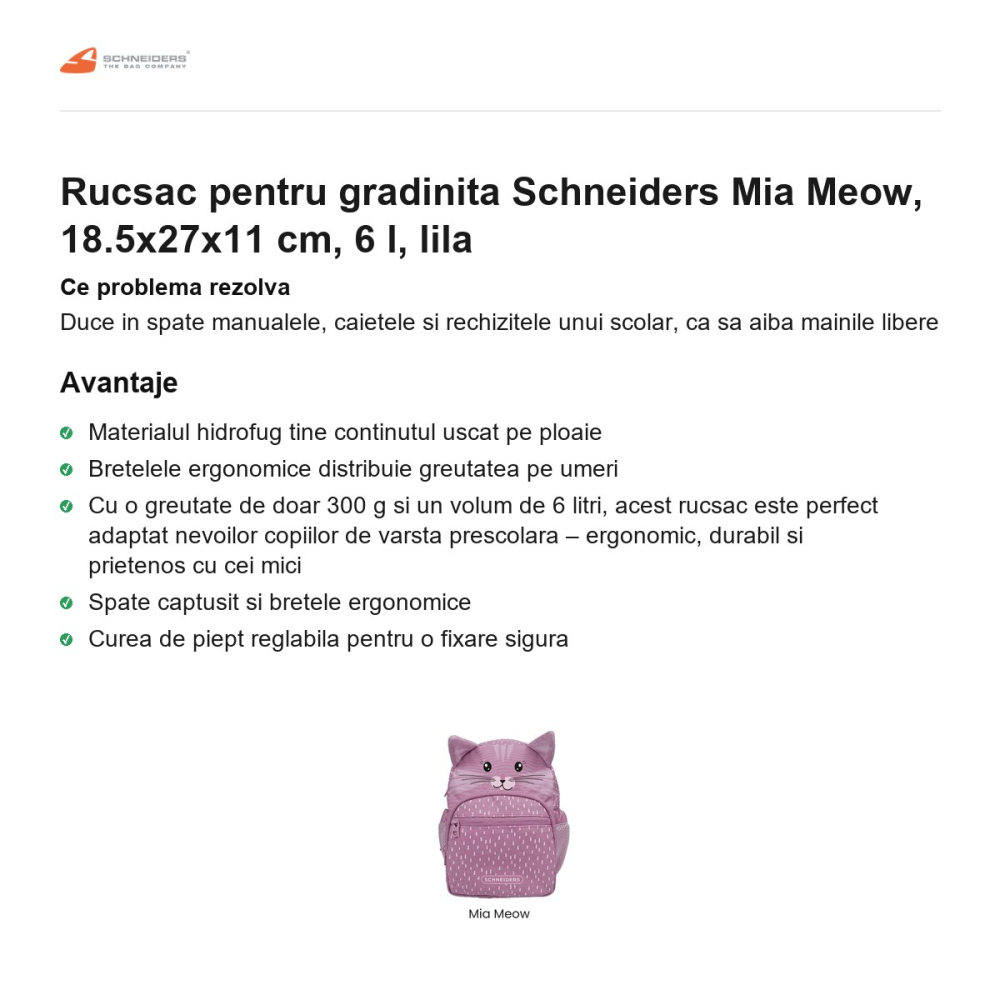 Rucsac pentru gradinita Schneiders Mia Meow, 18.5x27x11 cm, 6 l, lila [2]