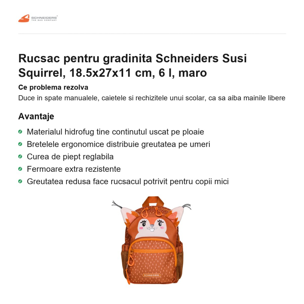 Rucsac pentru gradinita Schneiders Susi Squirrel, 18.5x27x11 cm, 6 l, maro [2]