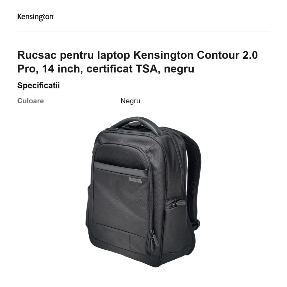Rucsac pentru laptop Kensington Contour 2.0 Pro, 14 inch, certificat TSA, negru [3]