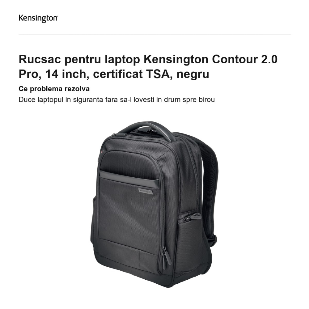 Rucsac pentru laptop Kensington Contour 2.0 Pro, 14 inch, certificat TSA, negru [2]