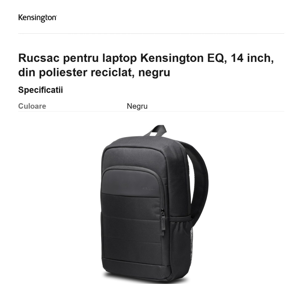 Rucsac pentru laptop Kensington EQ, 14 inch, din poliester reciclat, negru [3]