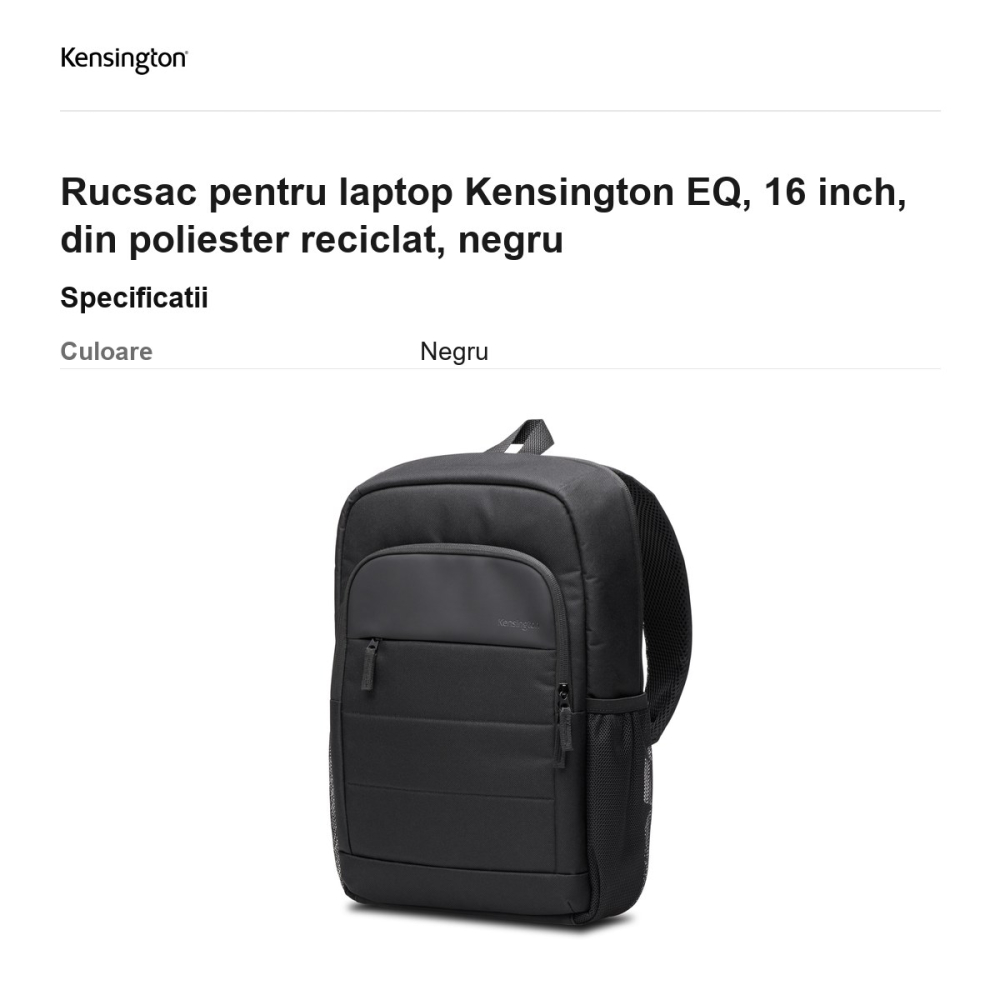 Rucsac pentru laptop Kensington EQ, 16 inch, din poliester reciclat, negru [3]