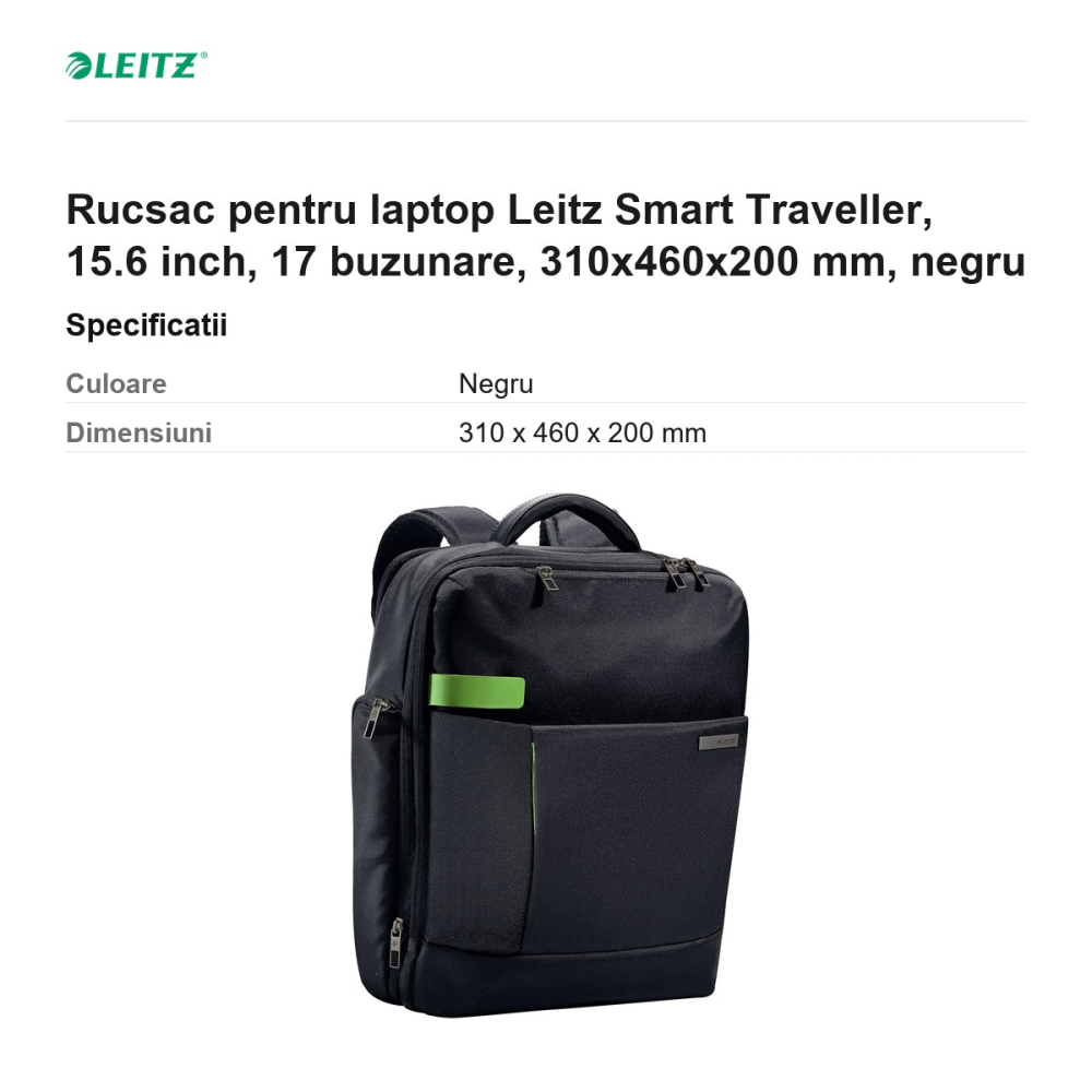 Rucsac pentru laptop Leitz Smart Traveller, 15.6 inch, 17 buzunare, 310x460x200 mm, negru [3]