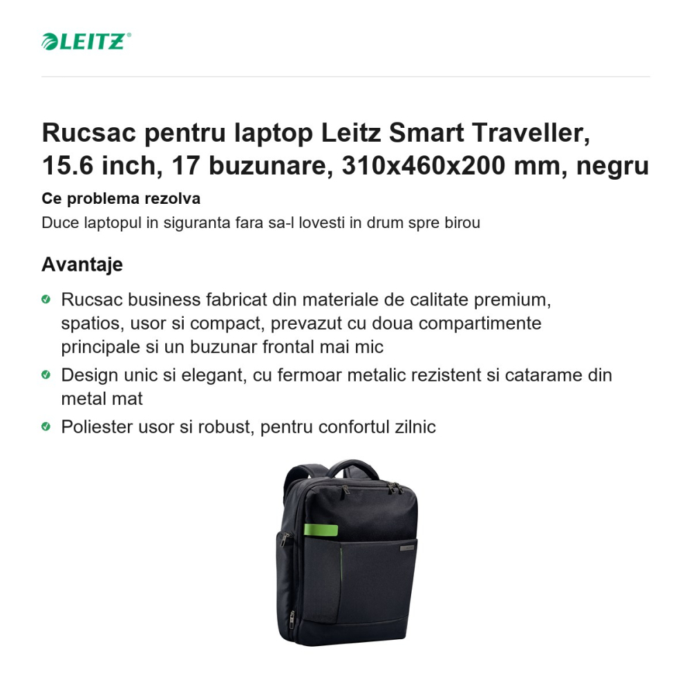Rucsac pentru laptop Leitz Smart Traveller, 15.6 inch, 17 buzunare, 310x460x200 mm, negru [2]