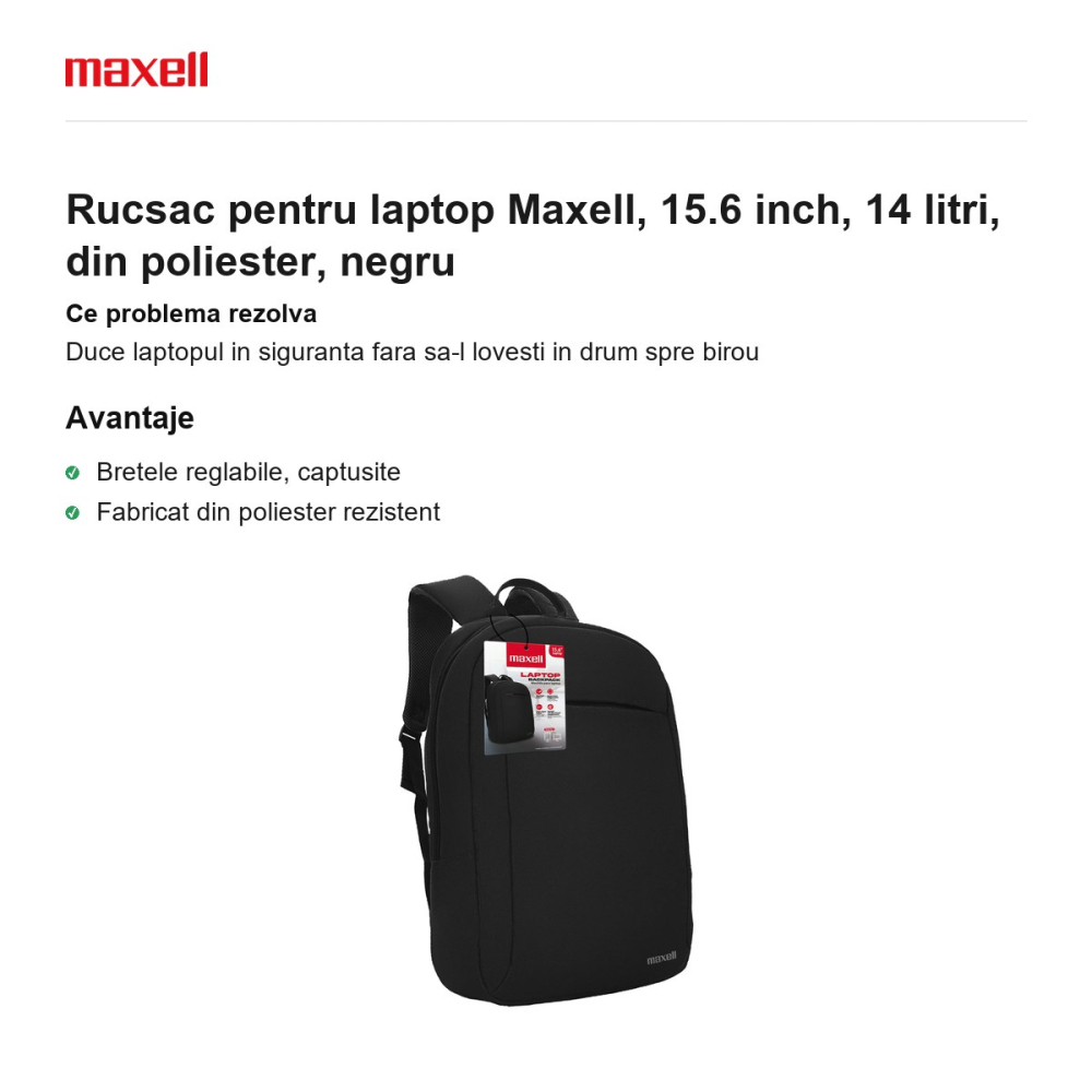 Rucsac pentru laptop Maxell, 15.6 inch, 14 litri, din poliester, negru [2]