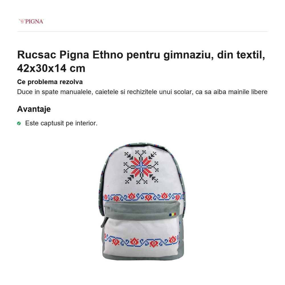 Rucsac Pigna Ethno pentru gimnaziu, din textil, 42x30x14 cm [2]