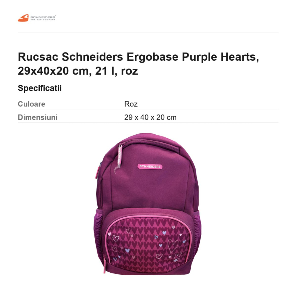 Rucsac Schneiders Ergobase Purple Hearts, 29x40x20 cm, 21 l, roz [3]