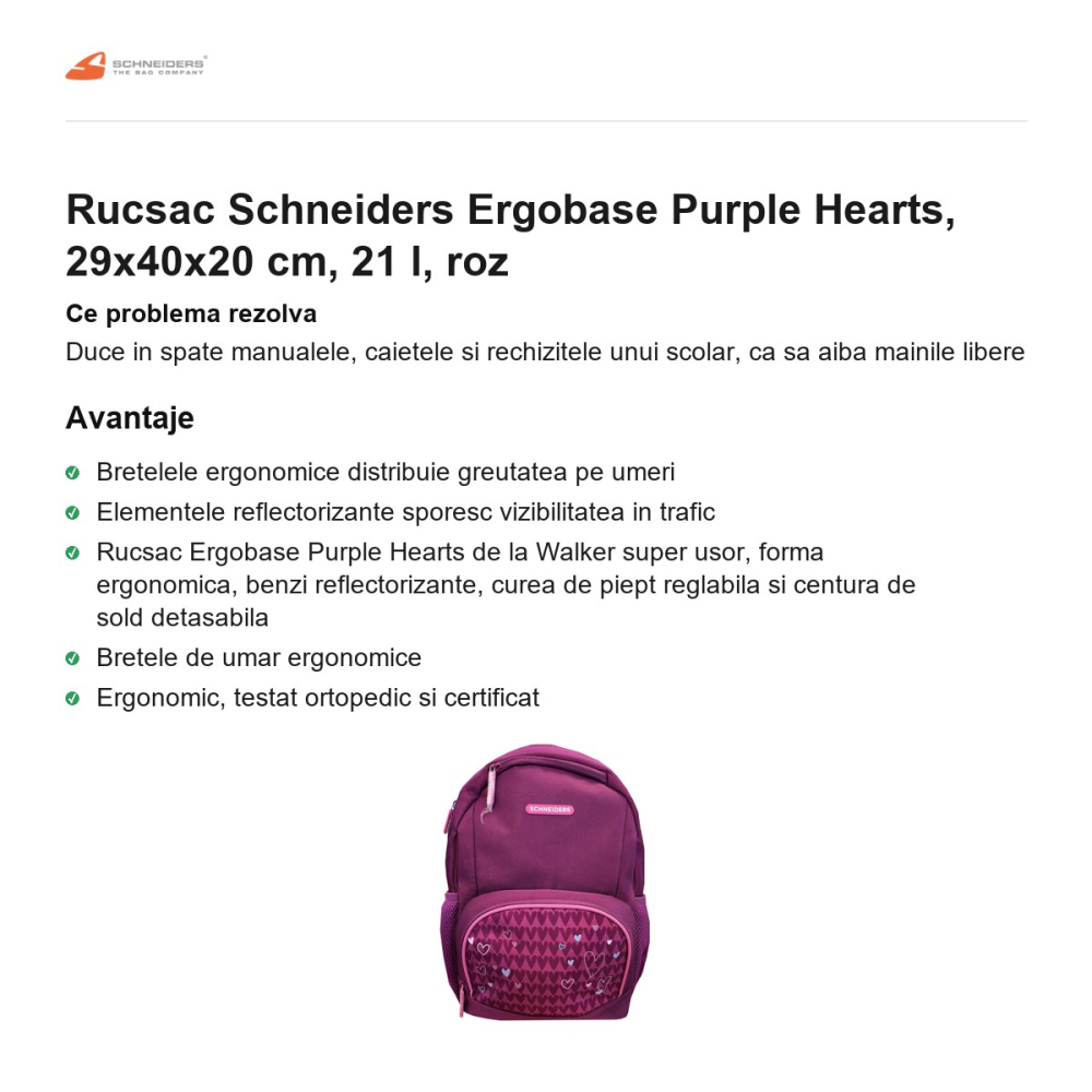 Rucsac Schneiders Ergobase Purple Hearts, 29x40x20 cm, 21 l, roz [2]