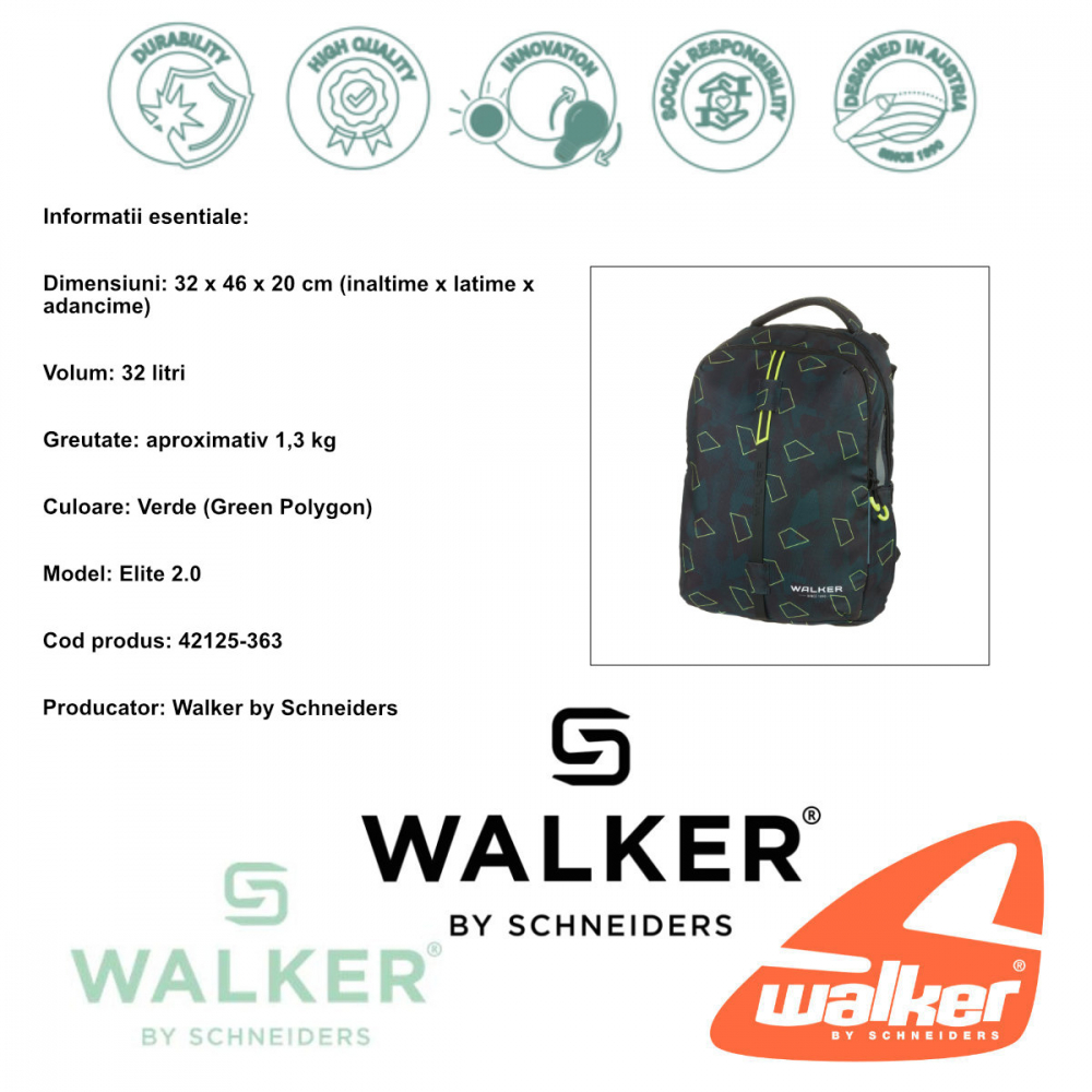 Rucsac Scolar Elite 2.0 Green Polygon, Walker by Schneiders, 32 x 46 x 20 cm, 32 L, verde [5]