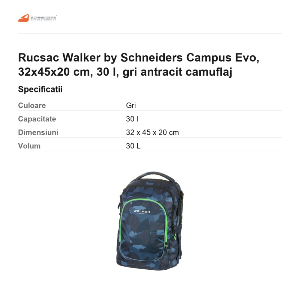 Rucsac Walker by Schneiders Campus Evo, 32x45x20 cm, 30 l, gri antracit camuflaj [3]