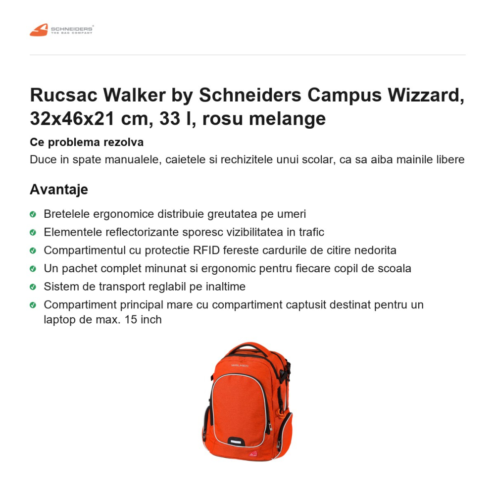 Rucsac Walker by Schneiders Campus Wizzard, 32x46x21 cm, 33 l, rosu melange [2]