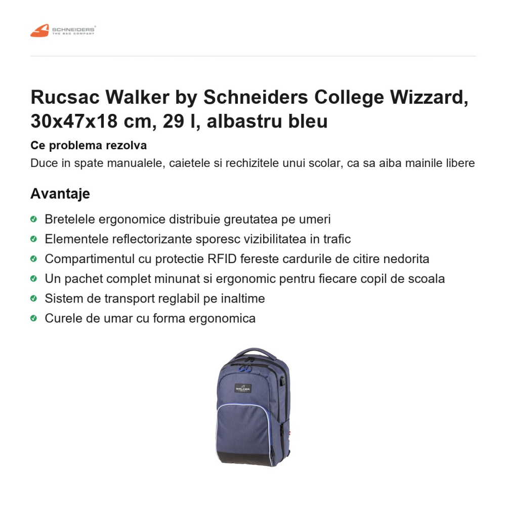 Rucsac Walker by Schneiders College Wizzard, 30x47x18 cm, 29 l, albastru bleu [2]