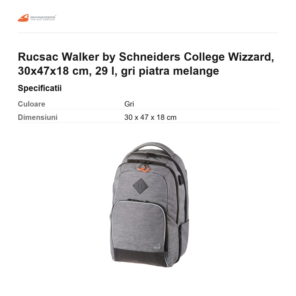 Rucsac Walker by Schneiders College Wizzard, 30x47x18 cm, 29 l, gri piatra melange [3]