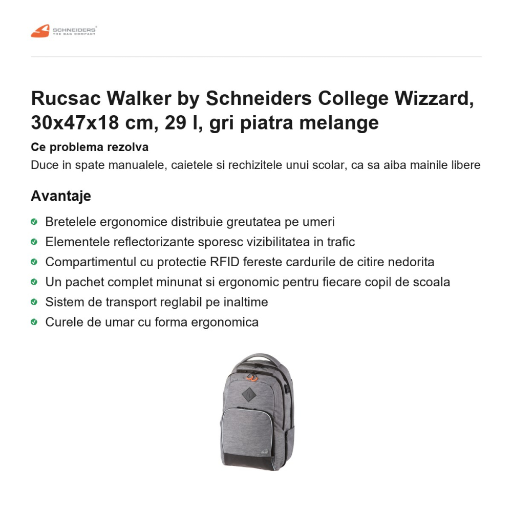 Rucsac Walker by Schneiders College Wizzard, 30x47x18 cm, 29 l, gri piatra melange [2]