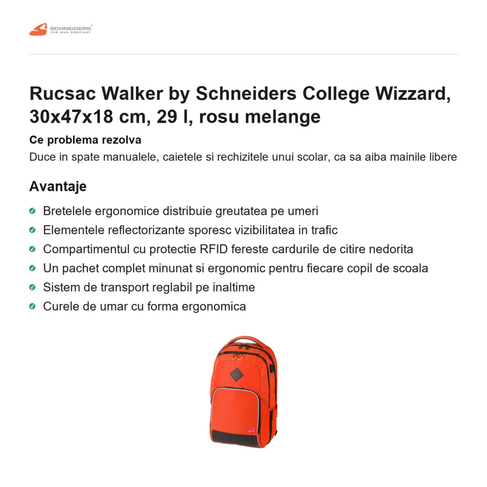 Rucsac Walker by Schneiders College Wizzard, 30x47x18 cm, 29 l, rosu melange [2]