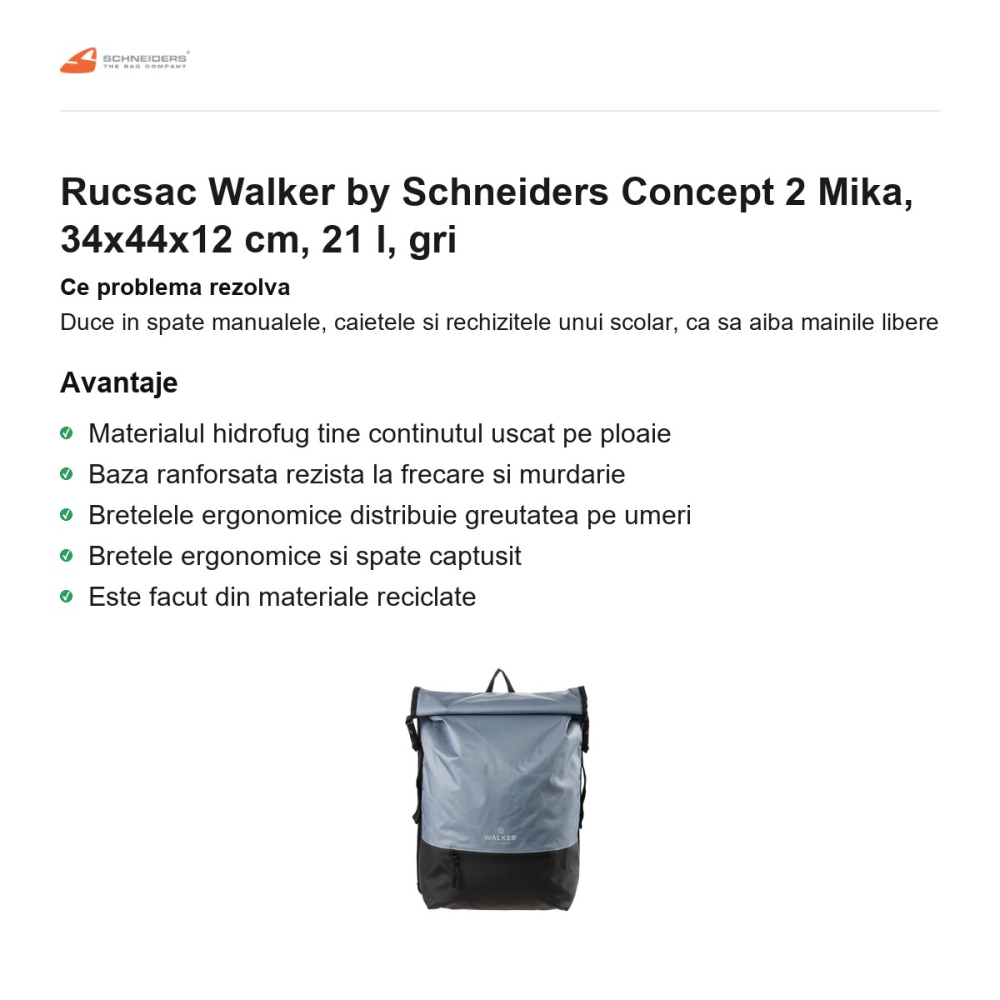 Rucsac Walker by Schneiders Concept 2 Mika, 34x44x12 cm, 21 l, gri [2]