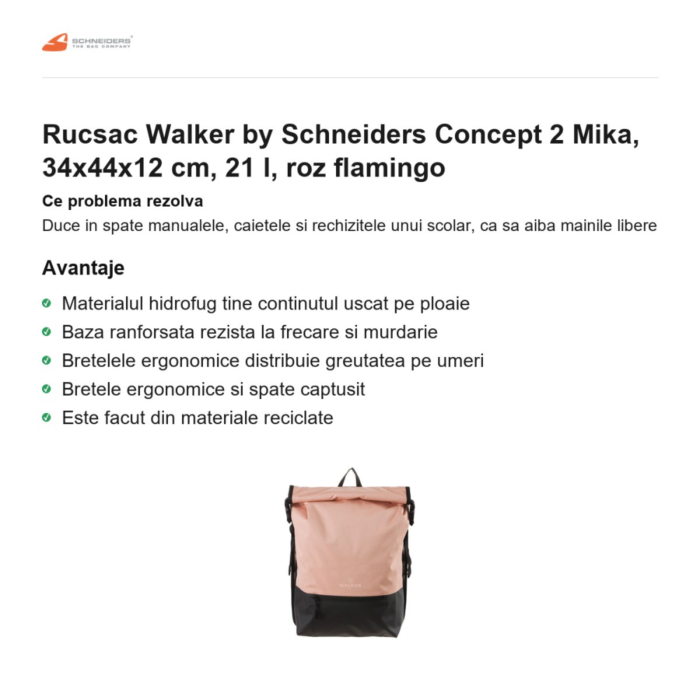 Rucsac Walker by Schneiders Concept 2 Mika, 34x44x12 cm, 21 l, roz flamingo [2]