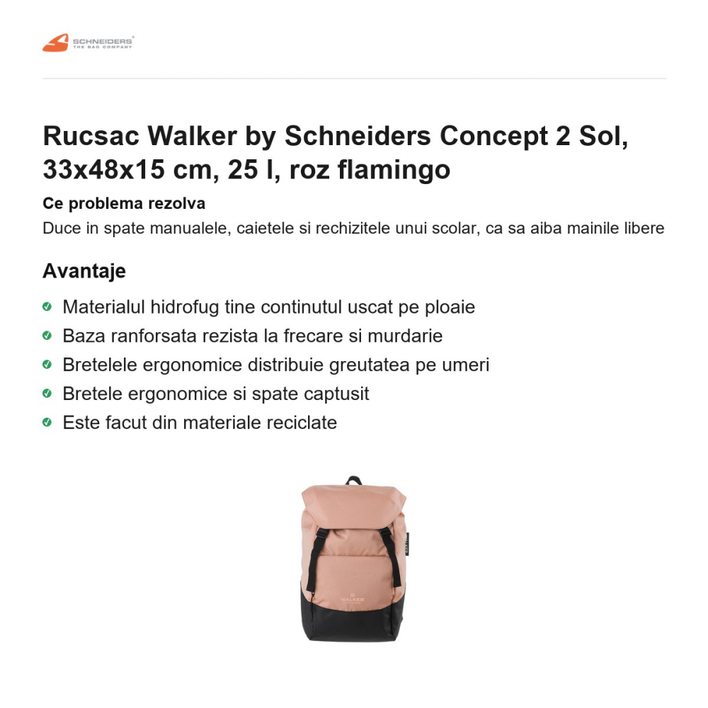 Rucsac Walker by Schneiders Concept 2 Sol, 33x48x15 cm, 25 l, roz flamingo [2]