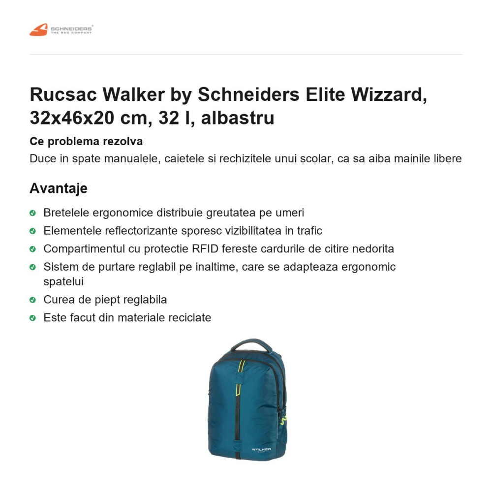 Rucsac Walker by Schneiders Elite Wizzard, 32x46x20 cm, 32 l, albastru [2]