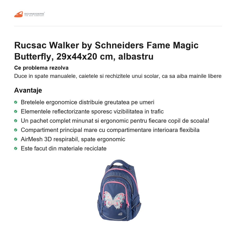 Rucsac Walker by Schneiders Fame Magic Butterfly, 29x44x20 cm, albastru [2]