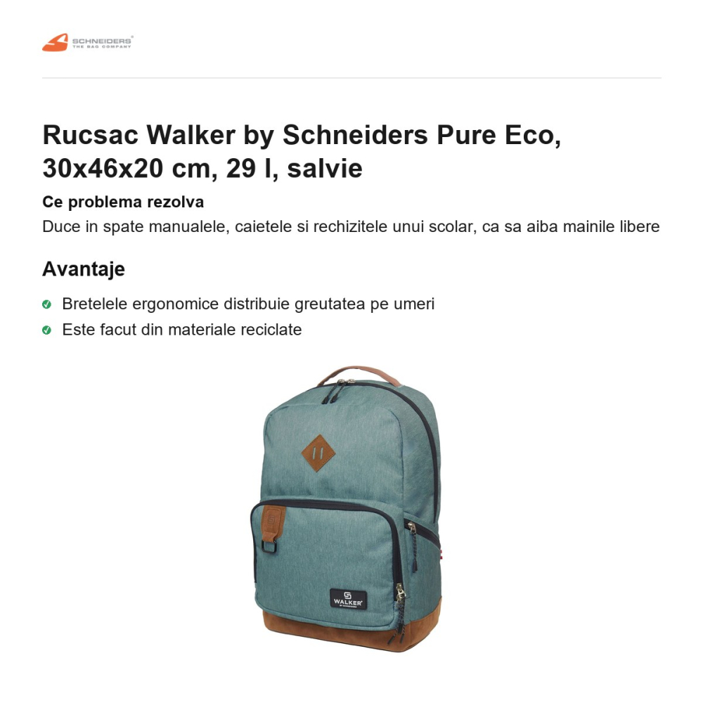 Rucsac Walker by Schneiders Pure Eco, 30x46x20 cm, 29 l, salvie [2]