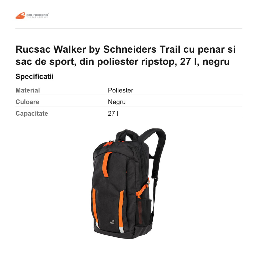 Rucsac Walker by Schneiders Trail cu penar si sac de sport, din poliester ripstop, 27 l, negru [3]