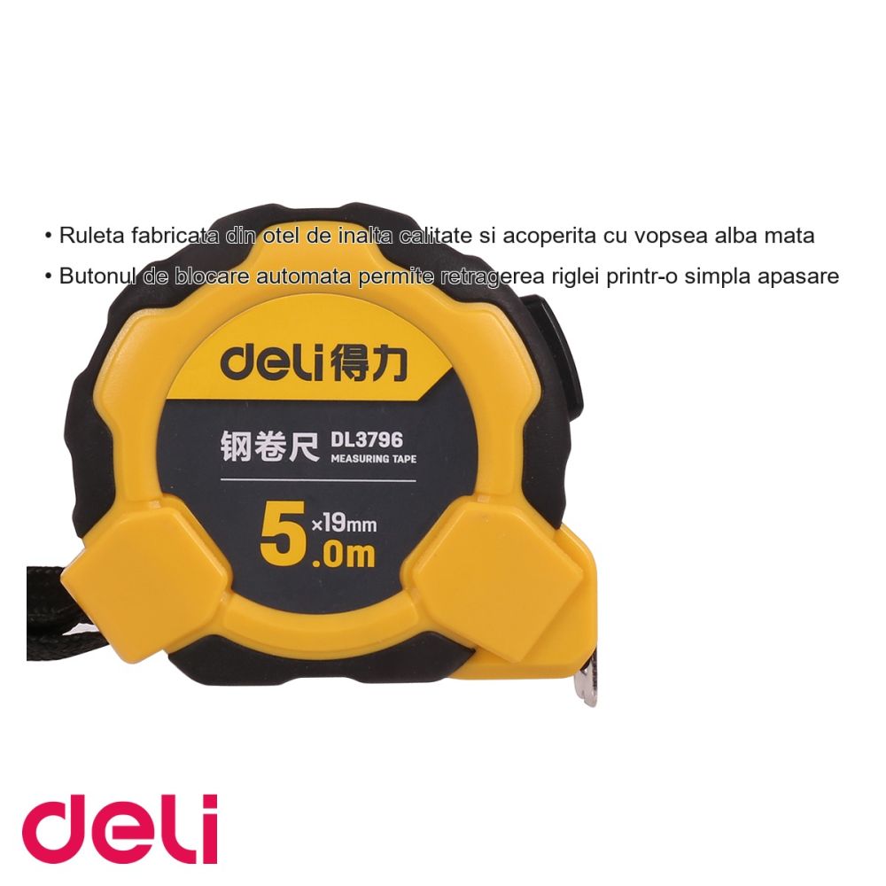 Ruleta de masurare Deli 5m x 19mm, carcasa cauciuc, blocare automata, pentru constructii si amenajari [3]