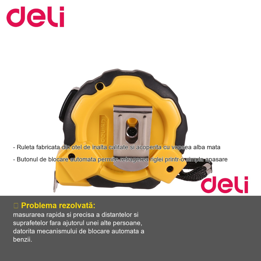 Ruleta de masurare Deli 5m x 19mm, carcasa cauciuc, blocare automata, pentru constructii si amenajari [2]