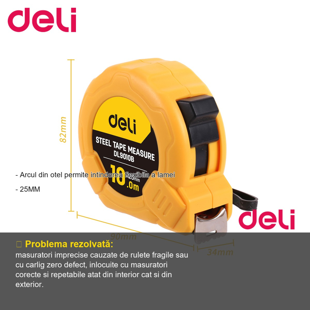 Ruleta de masurare Deli, banda otel 10m x 25mm, carcasa ABS rezistenta la socuri, pentru constructii si amenajari [2]