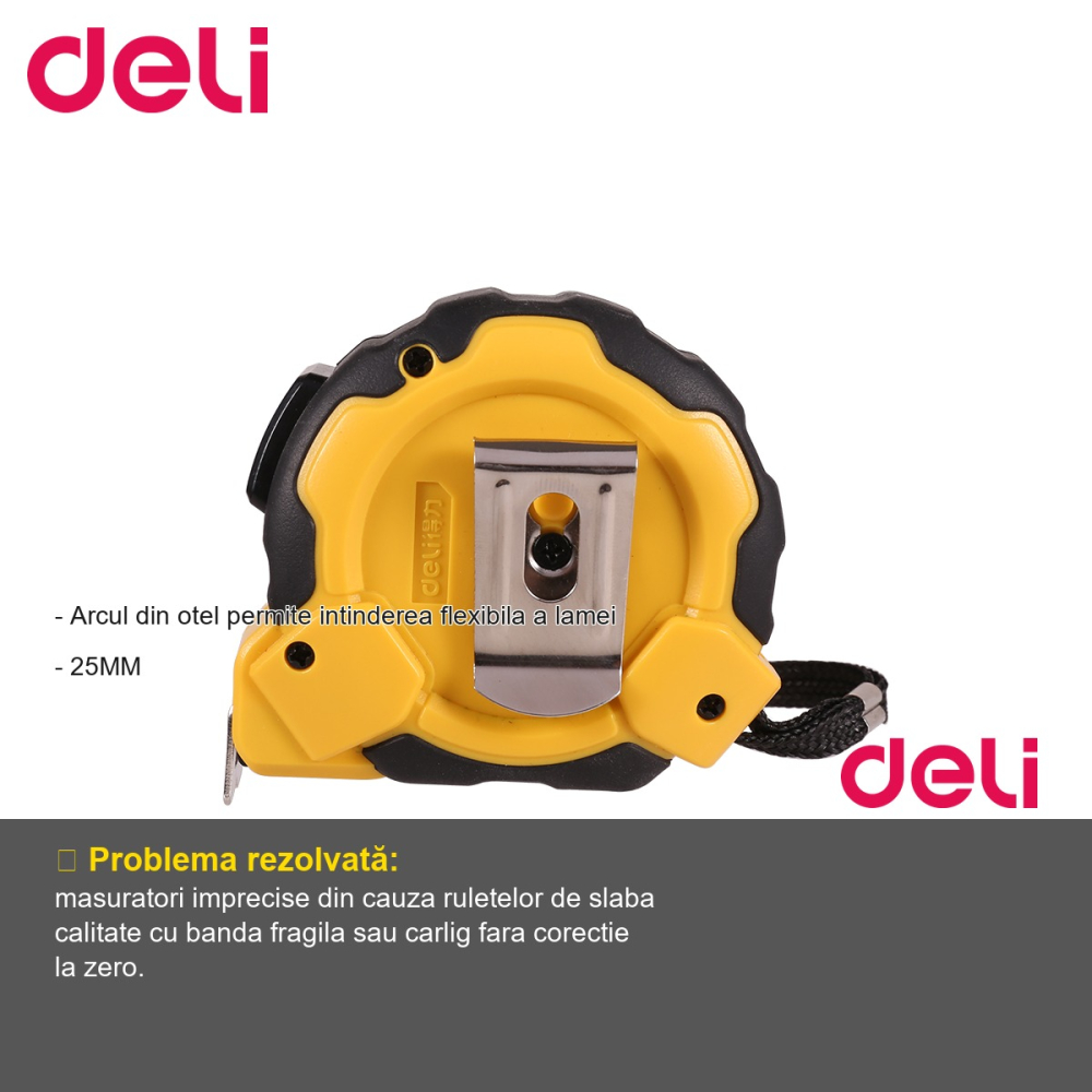 Ruleta de masurare Deli, banda otel 10m x 25mm, carcasa ABS rezistenta la socuri, pentru interior si exterior [2]