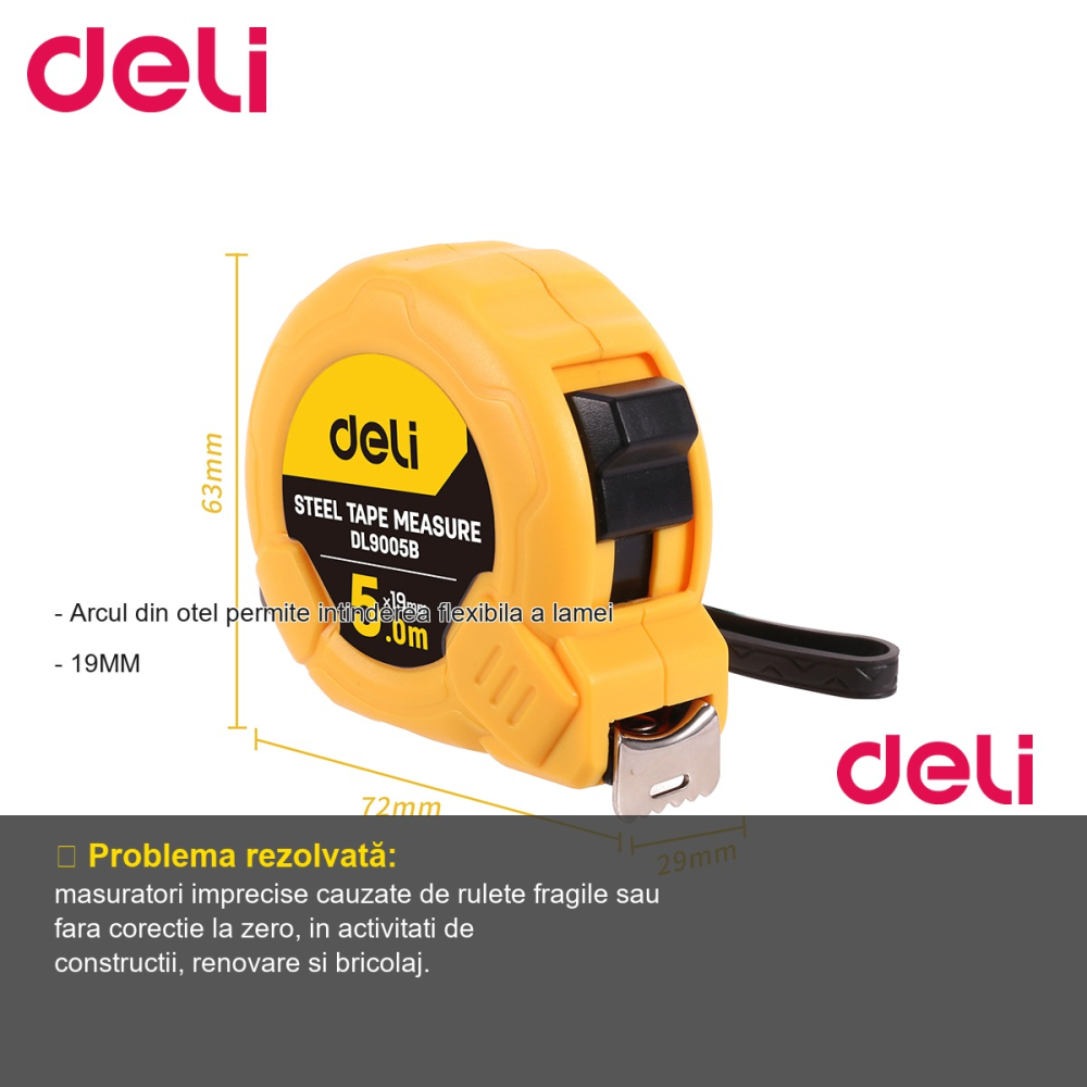 Ruleta de masurare Deli, banda otel 5m x 19mm, carcasa ABS rezistenta la socuri, pentru constructii si bricolaj [2]