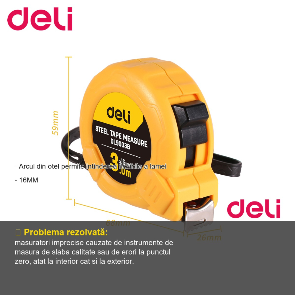 Ruleta de otel Deli, 3m x 16mm, carcasa ABS rezistenta la socuri, pentru masuratori de interior si exterior [2]