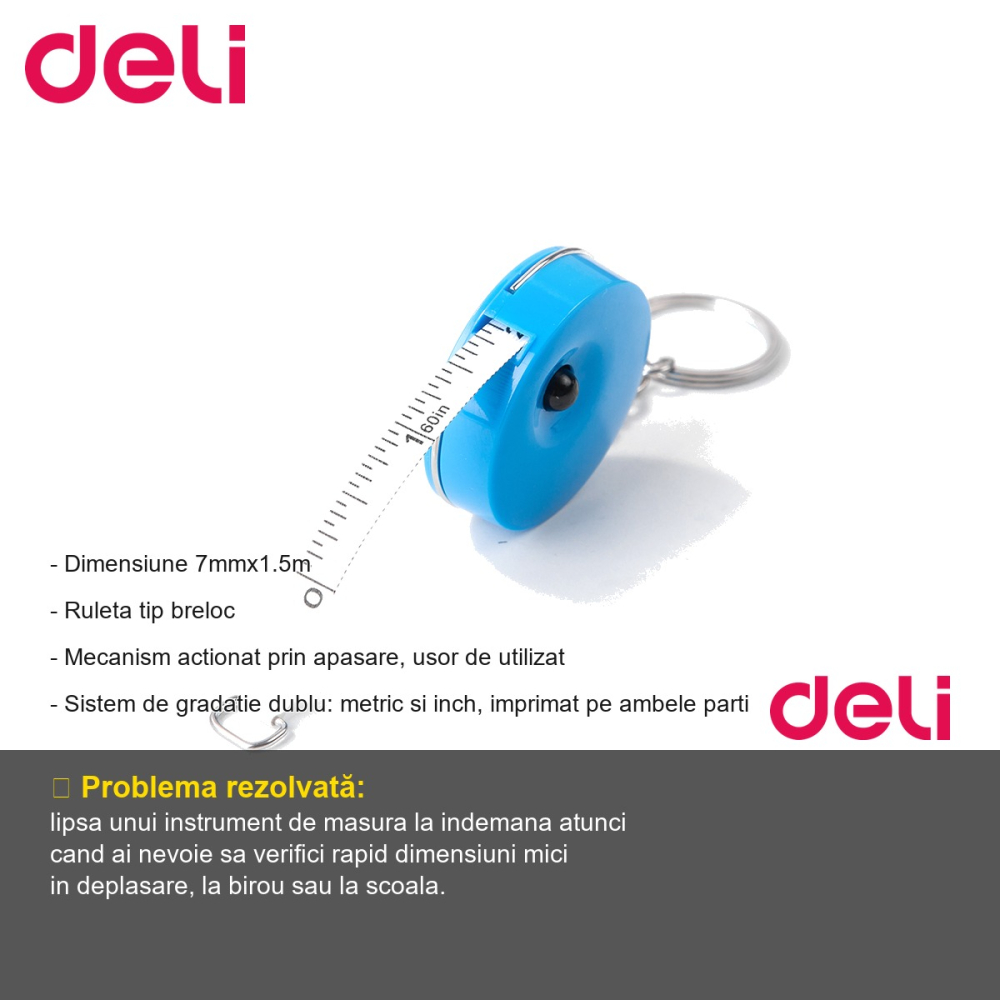 Ruleta tip breloc Deli, 7mm x 1.5m, dubla gradatie metric si inch, culori asortate [2]