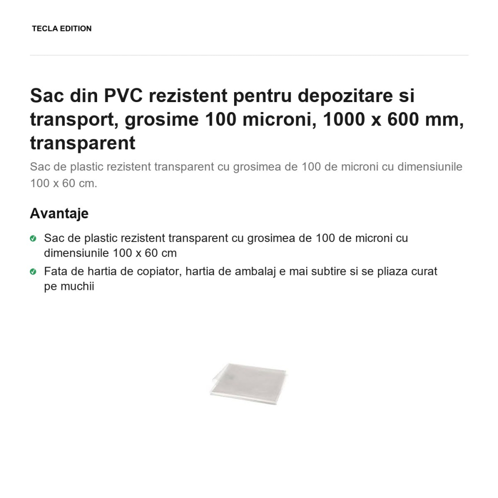 Sac din PVC rezistent pentru depozitare si transport, grosime 100 microni, 1000 x 600 mm, transparent [2]
